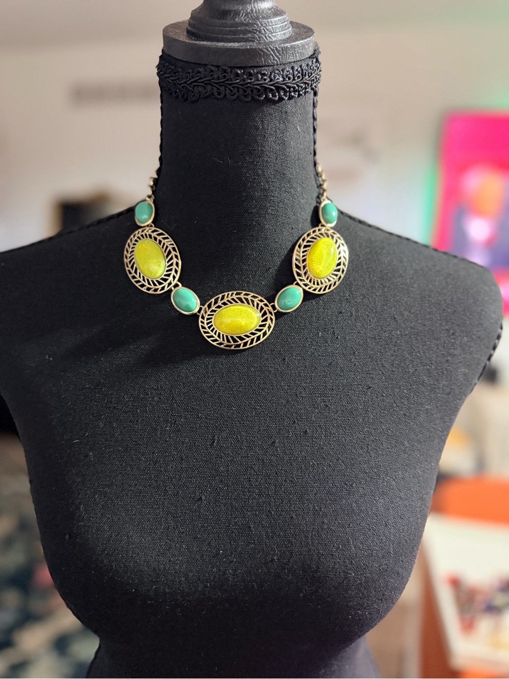 Source Unknown Gold-Tone Necklace with Yellow and Teal Stones